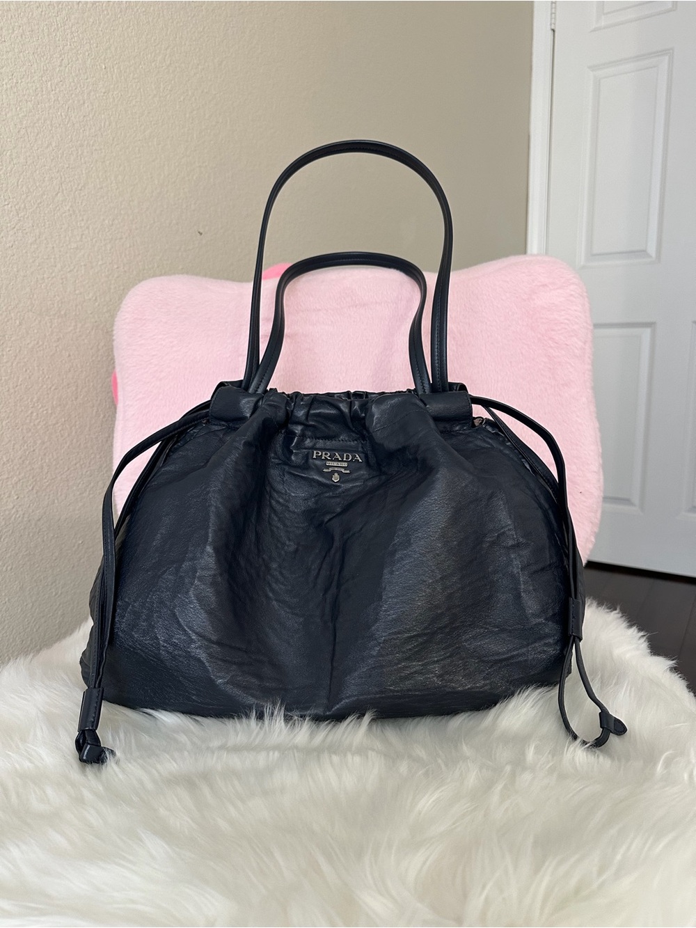Prada Dark Blue Leather Drawstring Shoulder Bag